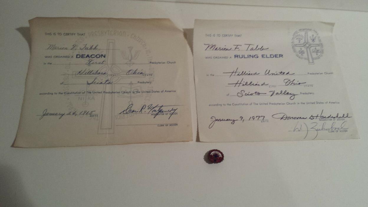 Presbyterian United Deacon Elder paperwork pin lot 3 vintage Ohio Sciata