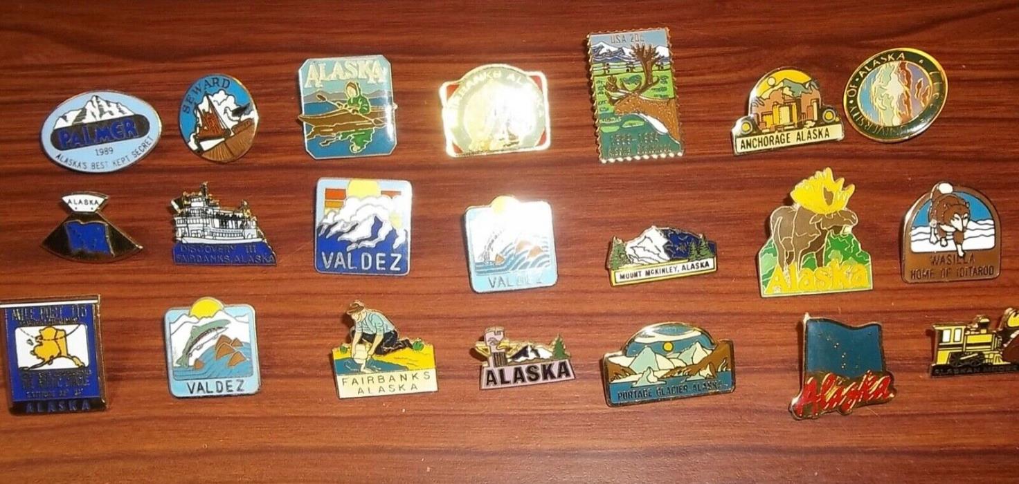 21 Various Alaska Cities, Sites, Events Lapel/Hat Pins, Statehood, Iditarod +++