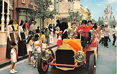Disney World postcard Mickey Riding Down Main Street USA fire engine truck