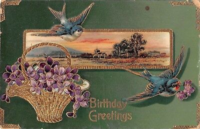 1911 Gilded Gelatin Birthday PC-Bluebirds & Golden Basket of Violets by Church S