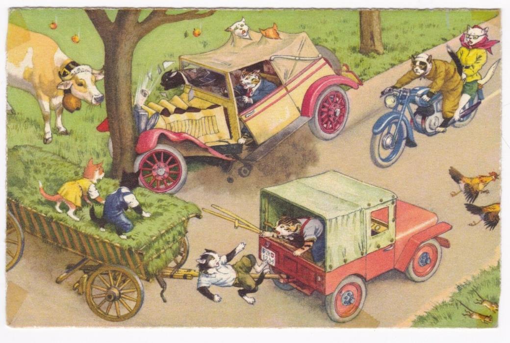 Postcard Anthropomorphic Cats Driving Collision Mainzer Publisher