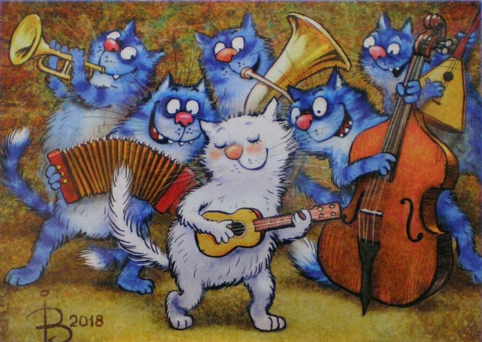 Postcard Art Blue Cats Music Jazz Band Irina Zeniuk Fun