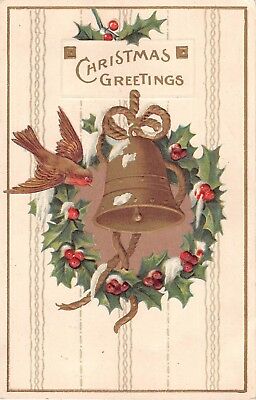 Pretty Robin by Snowy Holly Wreath & Bell - 1917 Christmas Postcard