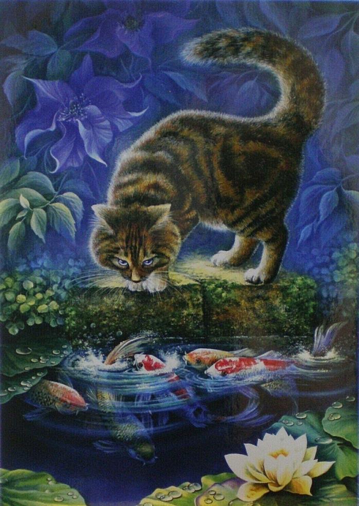 Postcard Art Cat Kitty Paws Ponds Fish Flowers Irina Garmashova