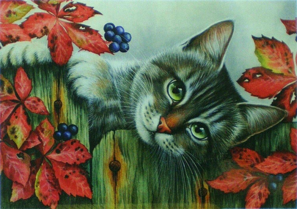 Postcard Art Cat Kitty Paws Leaves Garden Irina Garmashova