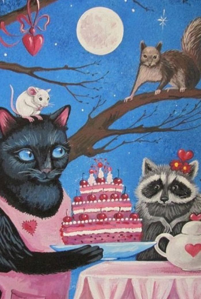 LE #1 4X6 POSTCARD RYTA VALENTINES DAY BLACK CAT RACCOON MOUSE SQUIRREL ART CAKE