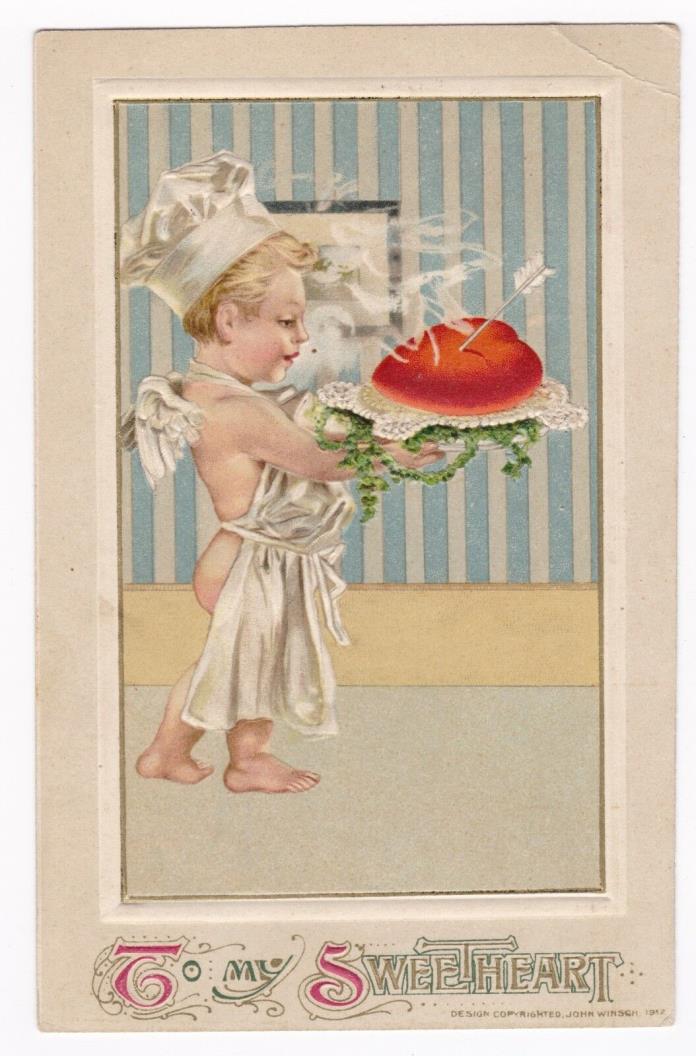 Postcard Sweetheart Cupid Carrying a Heart with Arrows John Winsch 1912 Nice A3