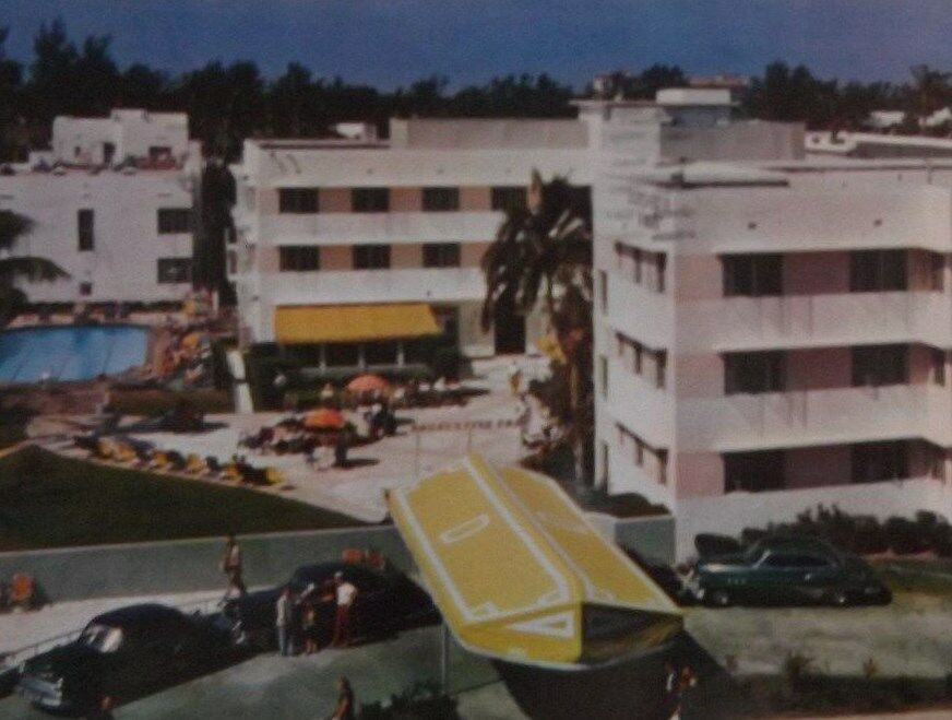 VTG Postcard FL Dorchester Hotel Pool Old Cars Miami Beach 1950's