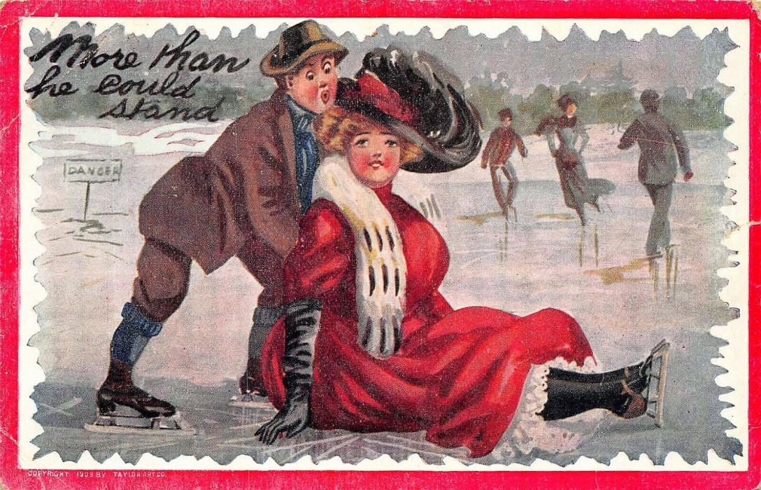# M996     COMIC  POSTCARD,    MAN & WOMAN     ICE SKATING