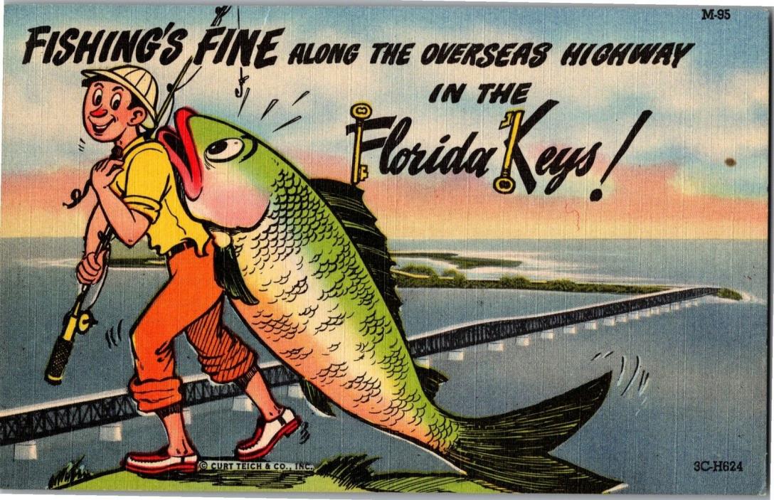 Fishing's Fine Overseas Highway Florida Keys Comic Vintage Postcard Y11