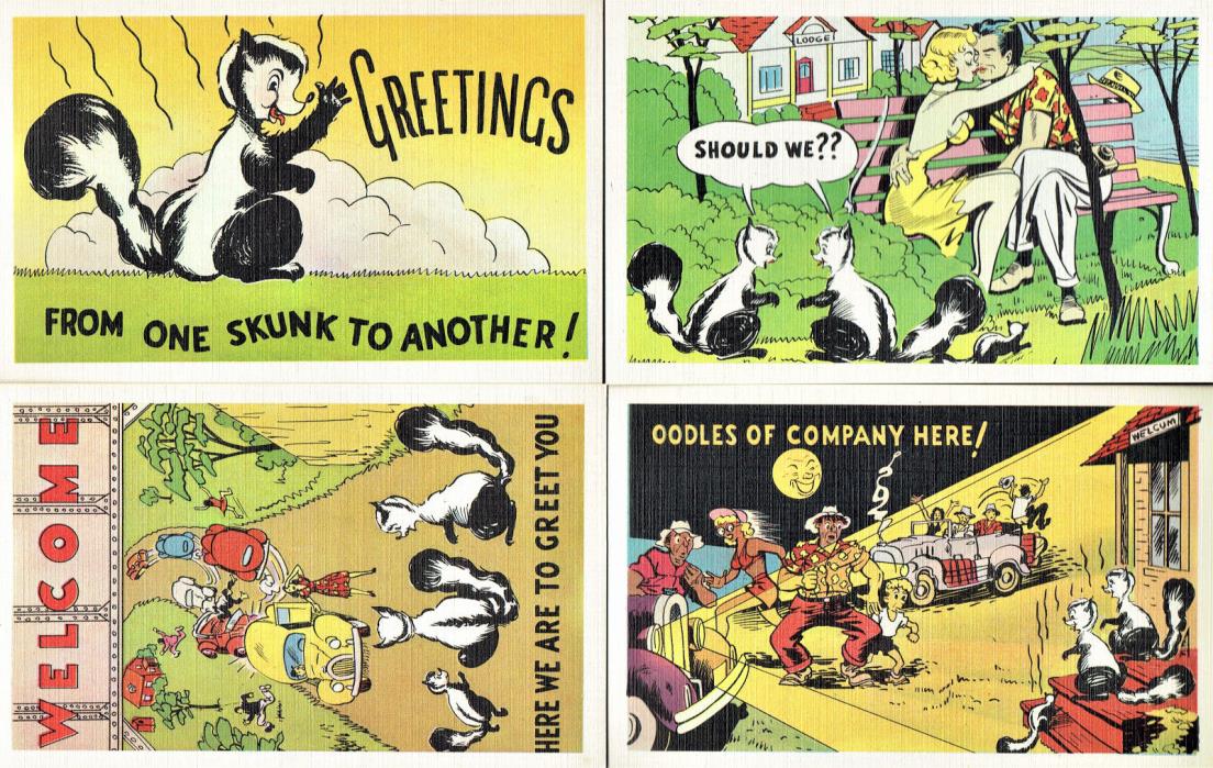 Four (4) Vintage (early 1950s) Unused Humorous ‘Skunks’ Cartoon Post Cards