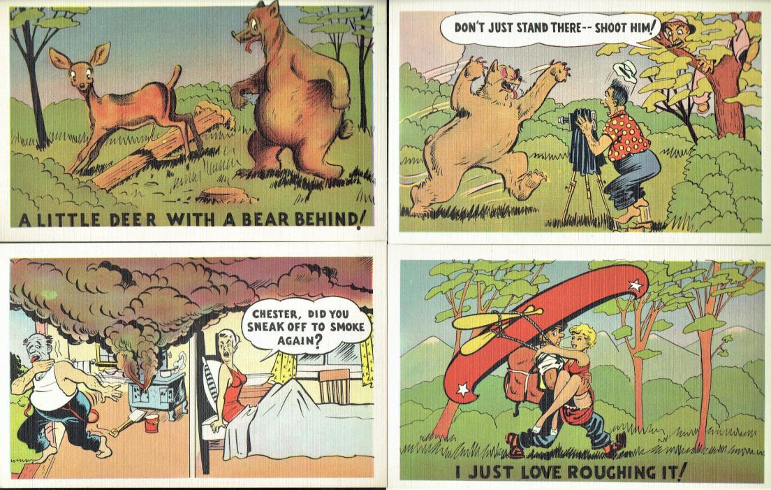 Four (4) Vintage (early 1950s) Unused Humorous ‘Camping’ Cartoon Post Cards