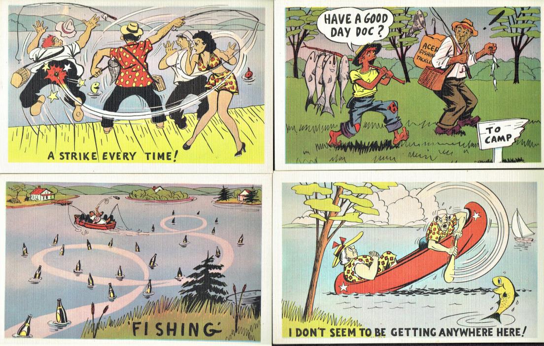 Four (4) Vintage (early 1950s) Unused Humorous ‘Fishing’ Cartoon Post Cards
