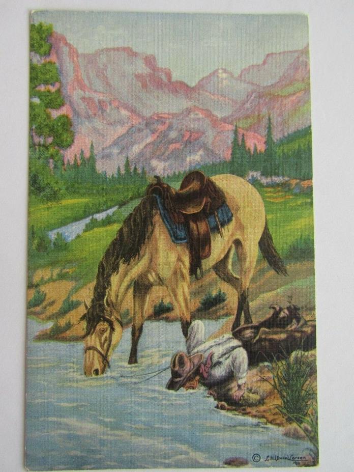 Postcard Cowboy & Horse drinking water, Artist LH Larsen 