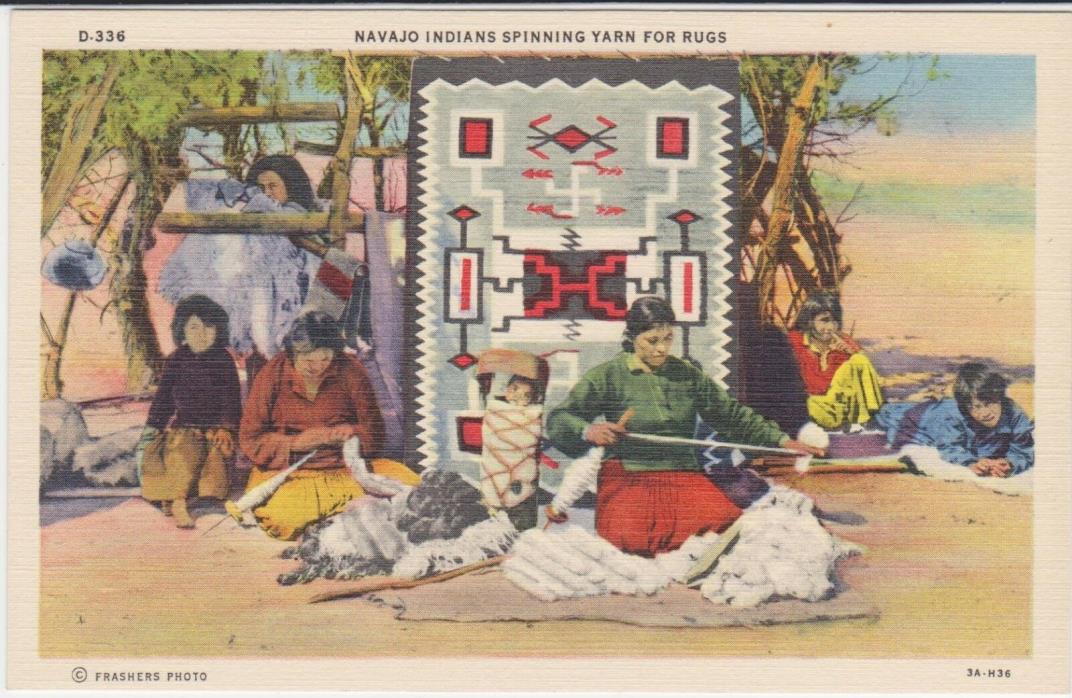 NAVAJO INDIANS SPINNING YARN FOR RUGS – FRASHERS PHOTO – 1933 Postcard