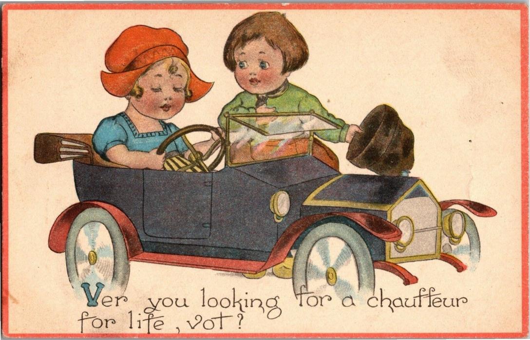 Dutch Girl Driving Car, Boy Ver You Looking for a Chauffeur Vintage Postcard Y10