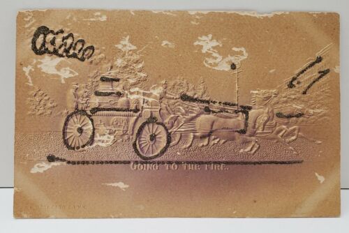 Embossed Horse Drawn Fire Wagon Postcard Airbrushed Glitter 