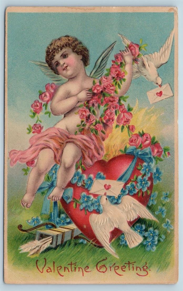 Postcard Valentines Day Cupid Flowers White Doves Delivering Messages 1909 P12