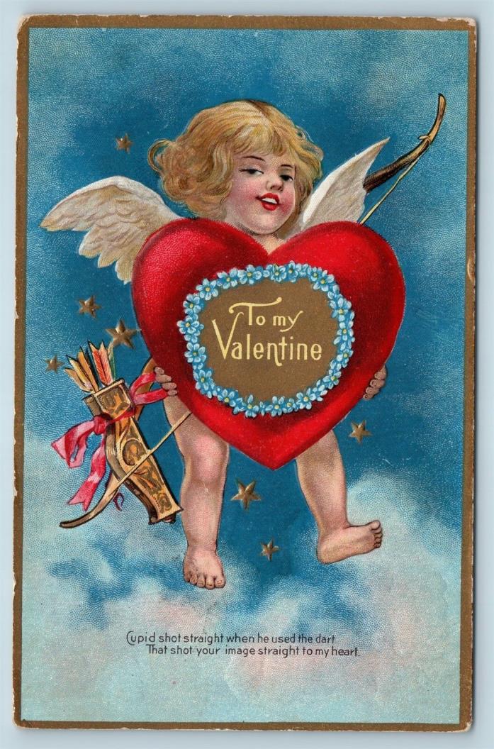 Postcard Valentines Day Cupid Large Red Heart To My Valentine Poem Embossed P12