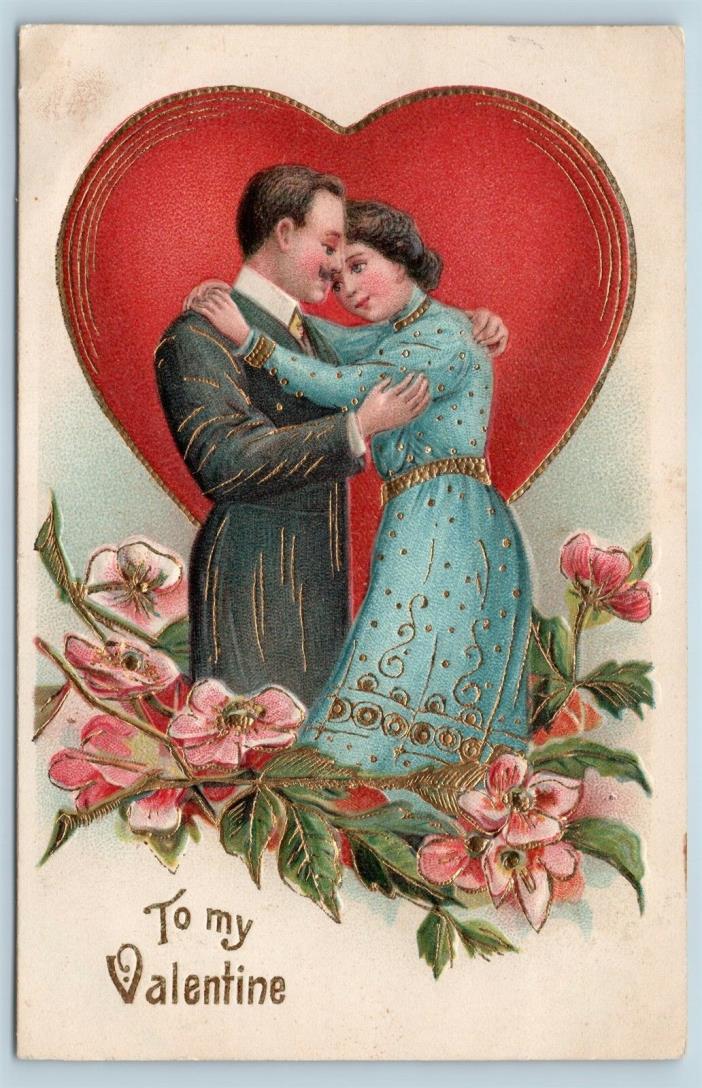 Postcard Valentines Day Romantic Edwardian Era Large Red Heart Gold Gilt P12