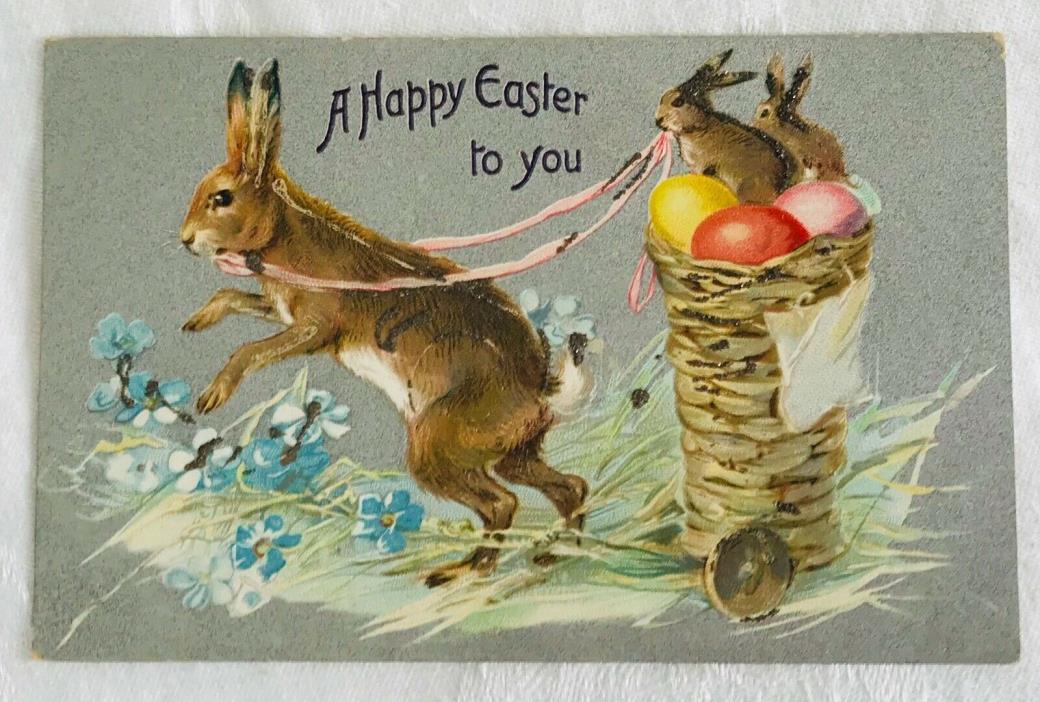Antique Unused Embossed Easter Postcard by Raphael Tuck - Rabbit Pulling Basket