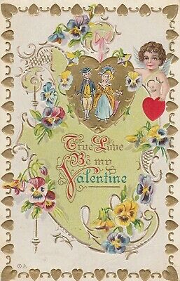 Vintage Postcard Valentine Old Fashioned Couple Cherub Gold Hearts 1913