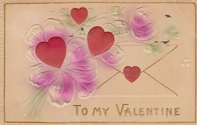 Vintage Postcard Valentine Embossed Hearts and Flowers 1912