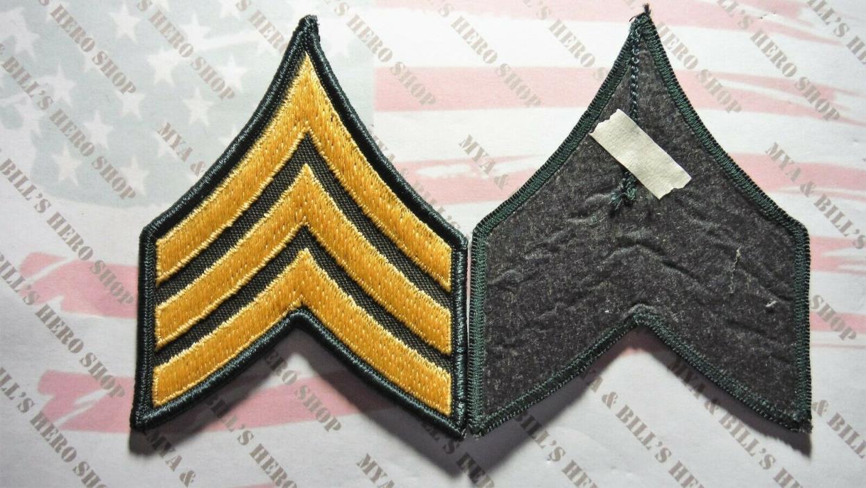 Army chevron rank: large (male) gold embroidered on green Sergeant SGT