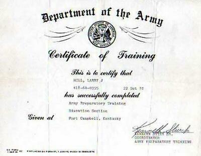 VINTAGE DEPARTMENT OF THE ARMY TRAINING CERTIFICATE 1970 FORT CAMPBELL KENTUCKY