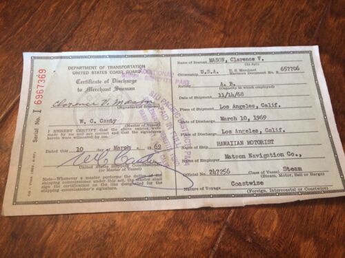 1969  U.S. Coast Guard Certificate of Discharge Merchant Seaman Steam Vessels