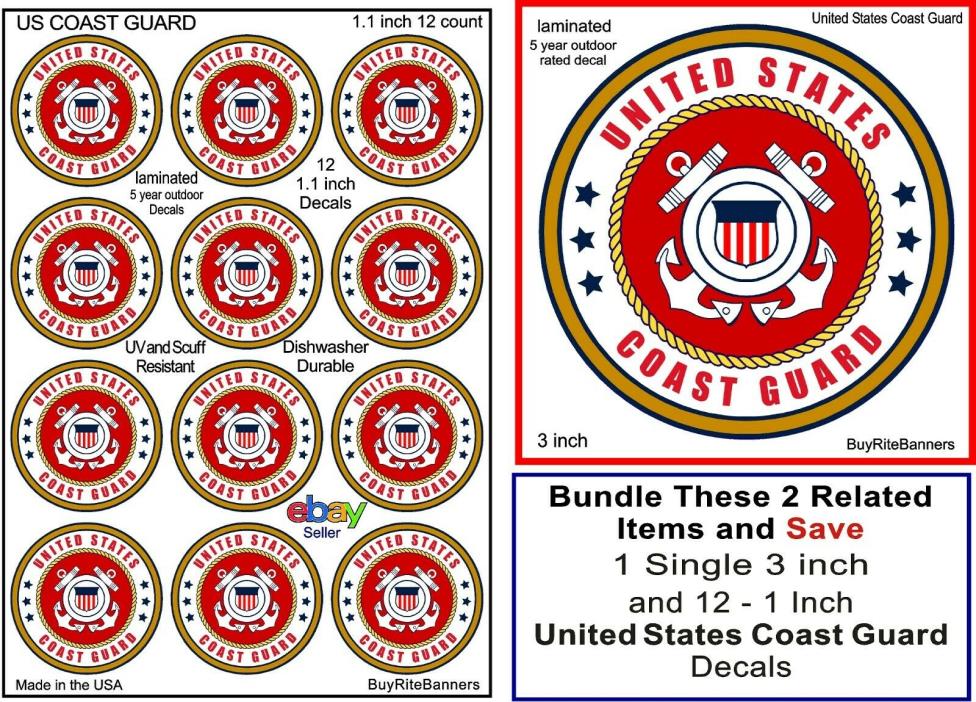 United States Coast Guard Decal and Sticker Bundle, 1 to 3 Inch 13 Decals