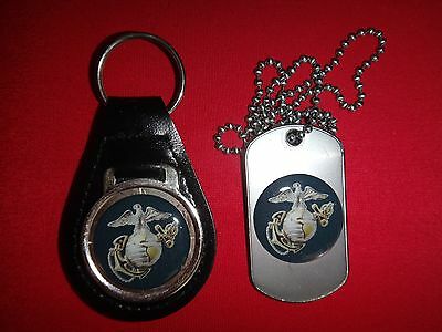 US Marine Corps EGA Black Leather Key Ring + Matching Dog Tag *New, Unused*