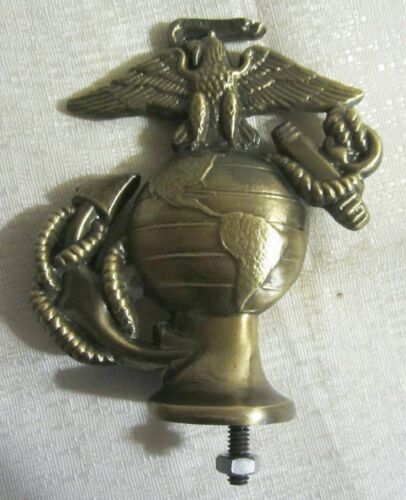 USMC Marine Corps auto hood ornament mascot topper narrow antique brass USA made