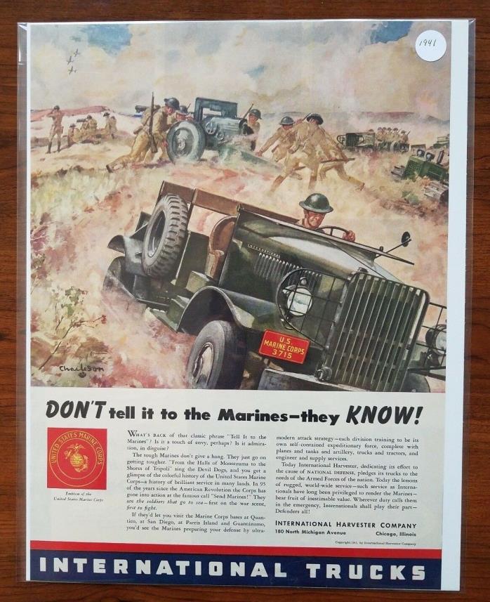 1941 International Trucks Dont Tell It to the Marines USMC Art Vintage Print Ad