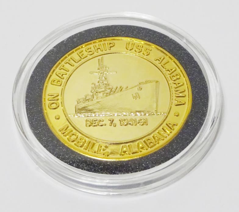 USS Alabama 50th Anniversary Gold Tone Pearl Harbor Battleship Collectible Coin