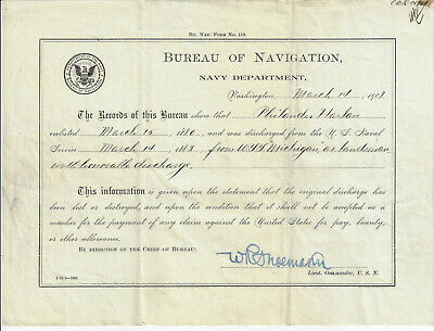 1908 United States Navy Discharge Certificate for Philander Harlan USS Michigan