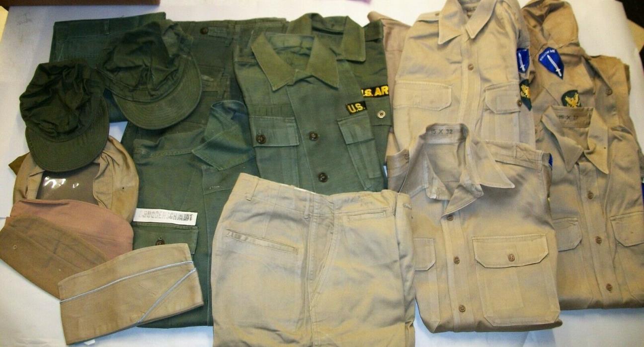 Lot of Vintage Military Uniforms - Pants Shirts Field Caps  - Khaki & Green