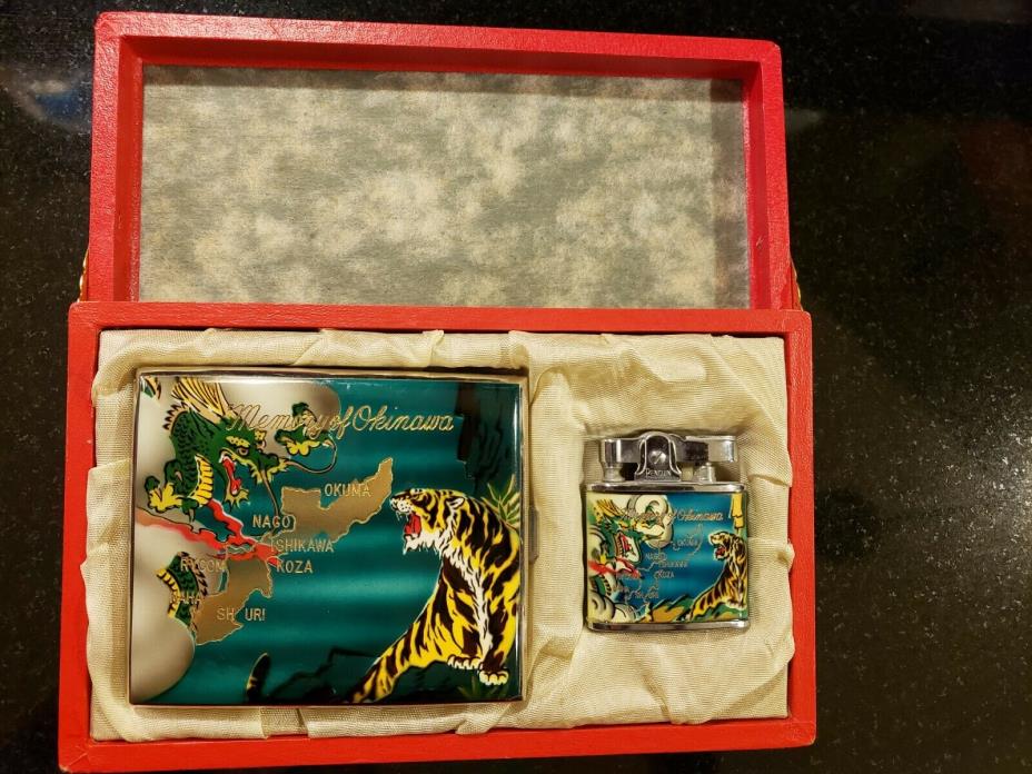 Vintage Penguin Cigarette Case & Lighter Set Memory Of Okinawa NICE