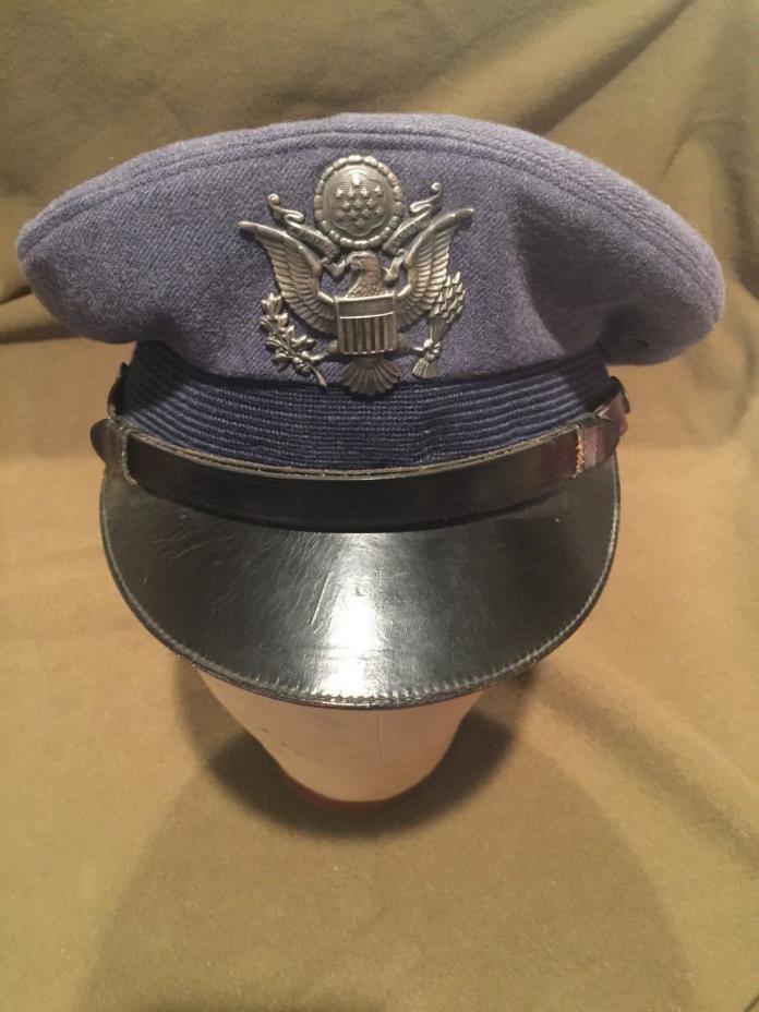 Vintage Military US Air force Officers Dress Hat Blue With Badge Size 6 3/4