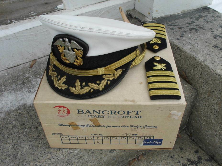 Estate USN Navy Cap Hat  Bancroft Size 7 with box 2 shoulder patches RARE find