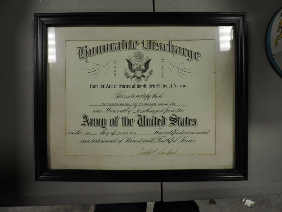 Original 1952 Honorable Discharge, US Army, Seargent, Framed, (VH)