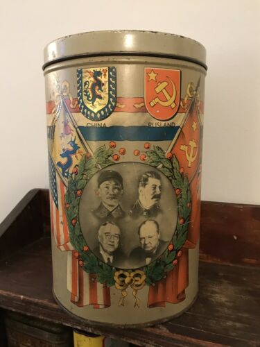 WW2 Allied Leaders Of The World Dutch Biscuit Tin Military Can Antique Churchill