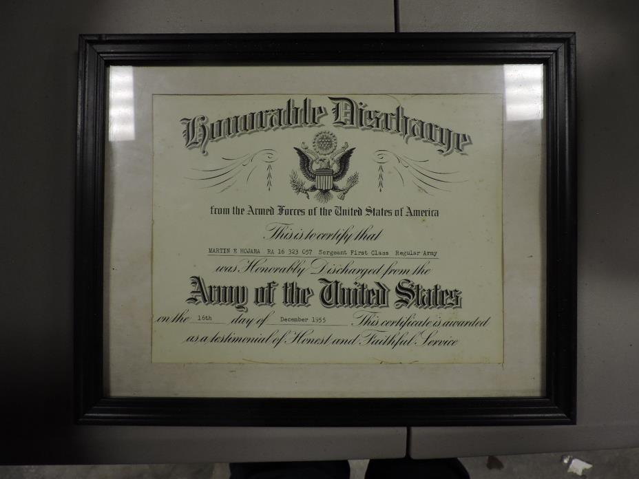 Original 1955 Honorable Discharge, US Army, Sergeant First Class, Framed, (VH)