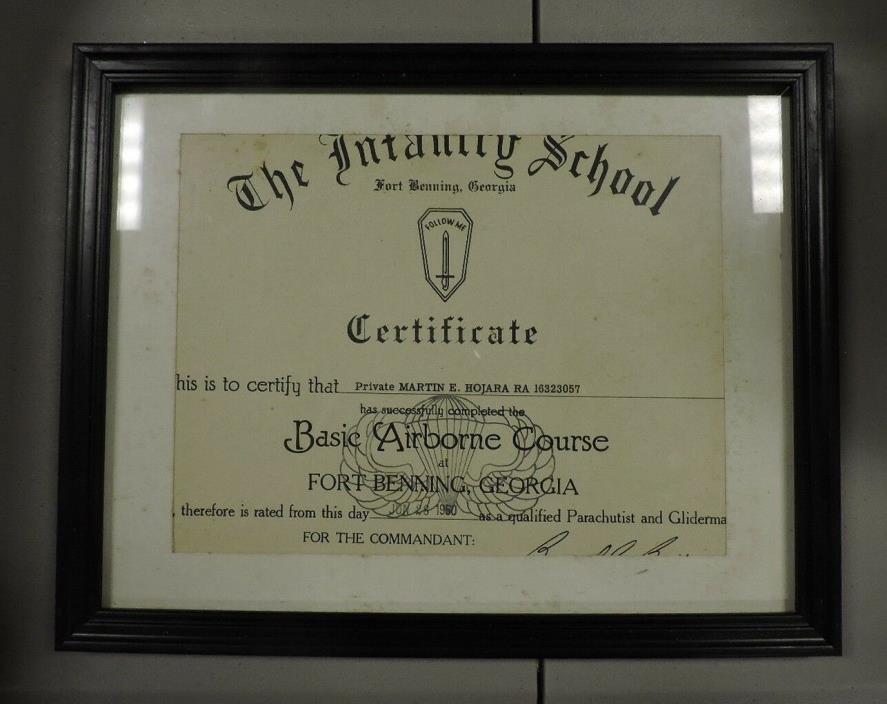Original 1950 Airborne Course Certificate, Parachutist Glidermaster Framed, (VH)
