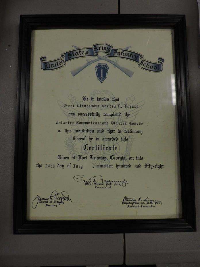 Original 1958 US Army Infantry Officer Course Certificate, Framed, (VH)
