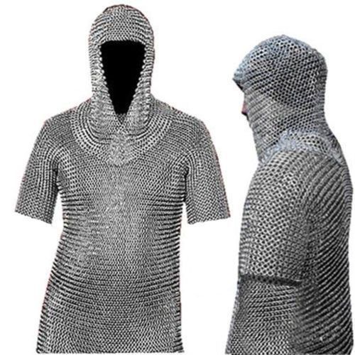 10 MM MILD STEEL CHAIN MAIL SHIRT & HOOD COIF BUTTED HAUBERGEON MEDIEVAL ARMOR