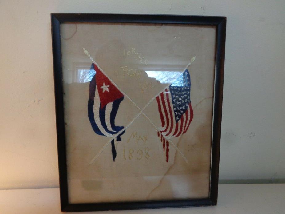 1898 SPANISH-AMERICAN WAR HAND EMBROIDERED FRIENDSHIP CUBAN AND USA FLAGS