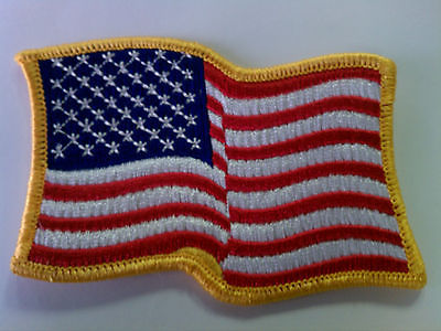 48 - Embroidered Patch - Waving American Flag - Iron On  Gold Border USA US U.S.