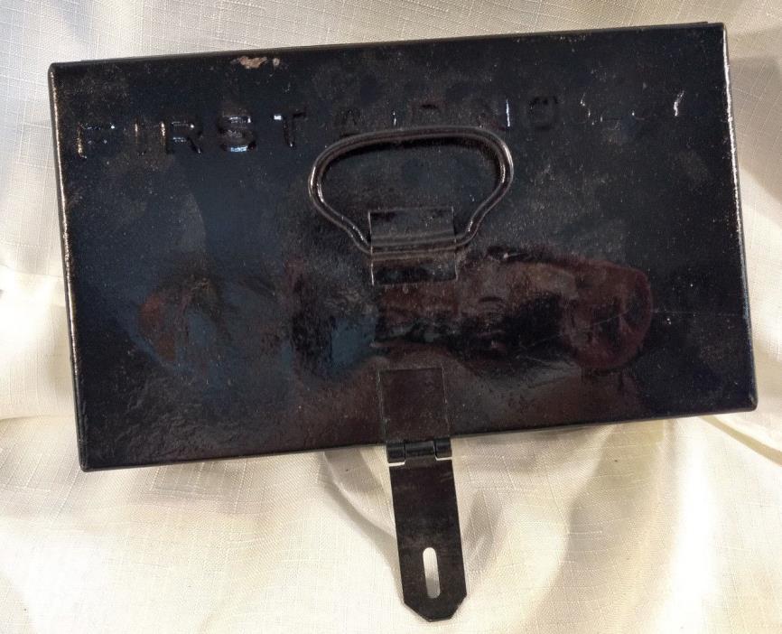 Antique Black Metal First Aid Kit Heavy Duty Metal Box Cash Small 3297 WWII Era