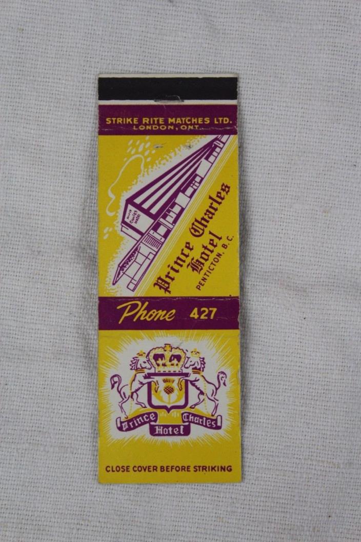 Vintage PRINCE CHARLES HOTEL Penticton BC Advertising Matchbook Cover